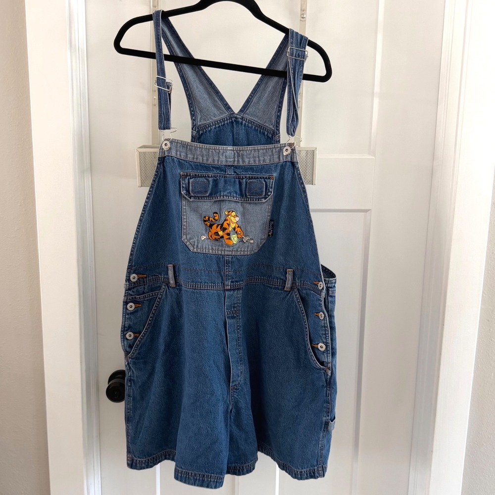 Vintage Winnie the Pooh Wmns Tigger Embroidered Denim Shortalls Blue 22 Disney